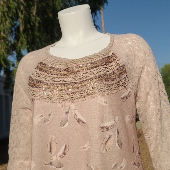 One September Aves Feather BoHo Mixed Media Top M - Picture 3 of 13